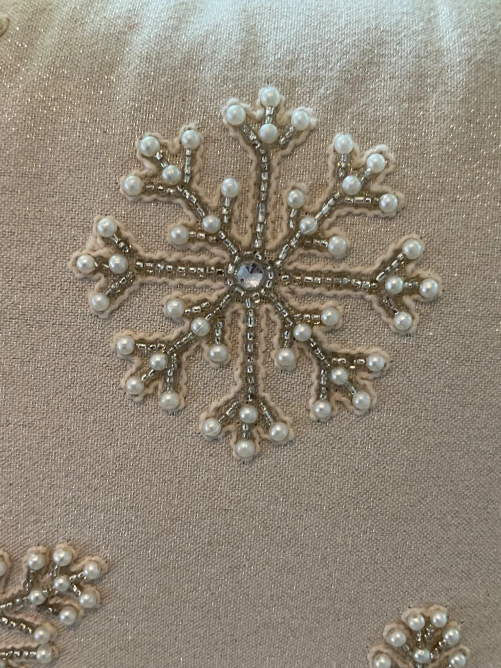Beaded Cream Colored Snowflake Pillow
